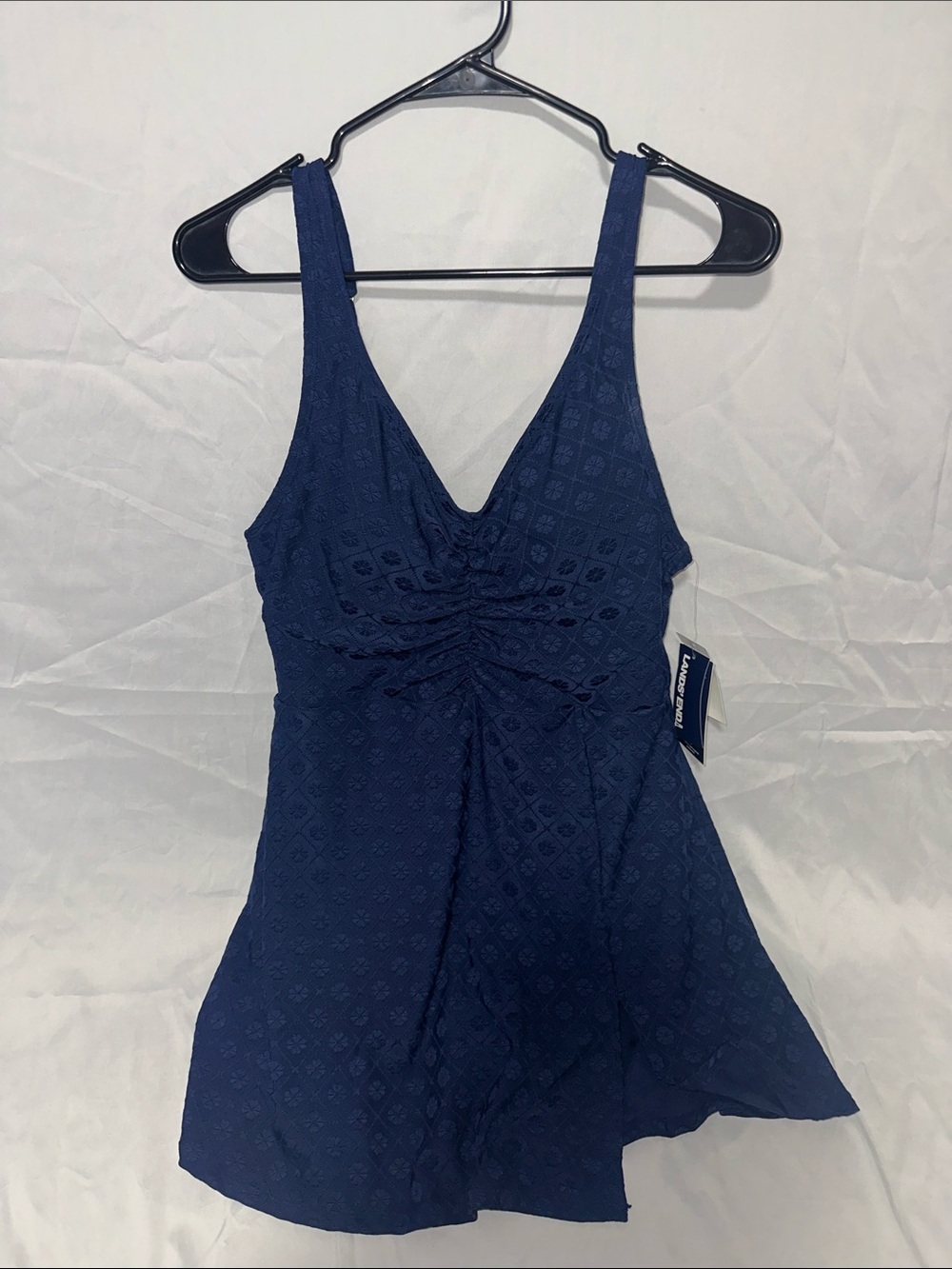 Lands' End Navy Blue Textured Ruched One-Piece Swimdress